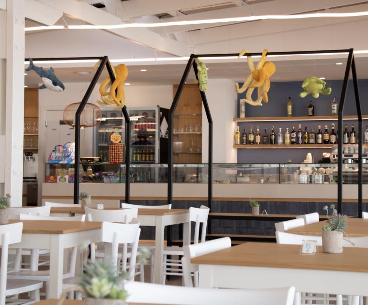 Caffetteria luminosa con decorazioni marine e atmosfera accogliente.