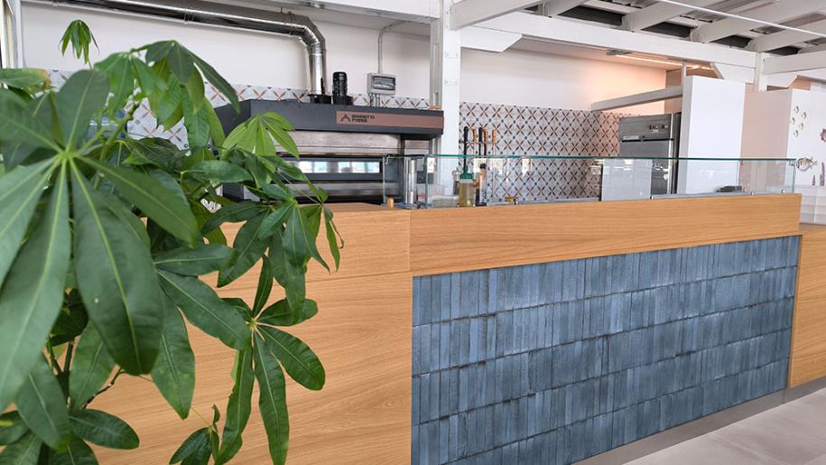 Moderno interno con pianta verde e forno, atmosfera accogliente e luminosa.